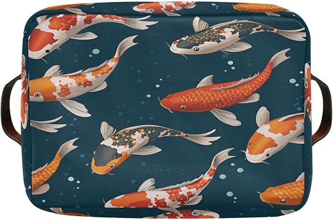 Foldable Storage Baskets Set of 2, Koi Carps 3D Japanese Storage Bins with Handles, Decorative Cloth Organizer Storage Boxes for Home|Office 15 x 11 x 9.5 in