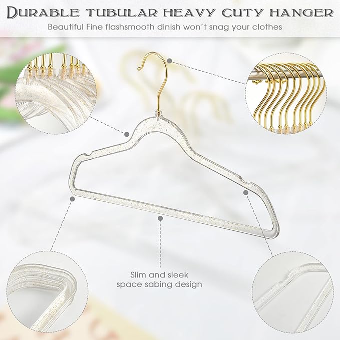Weysat 20 Pcs Clear Acrylic Hangers Plastic Gold Glitter Coat Hanger Non Slip Space Saving Suit Heavy Duty Clothes Hanging with Non Slip Notches for Coats Pants Dress Clothes