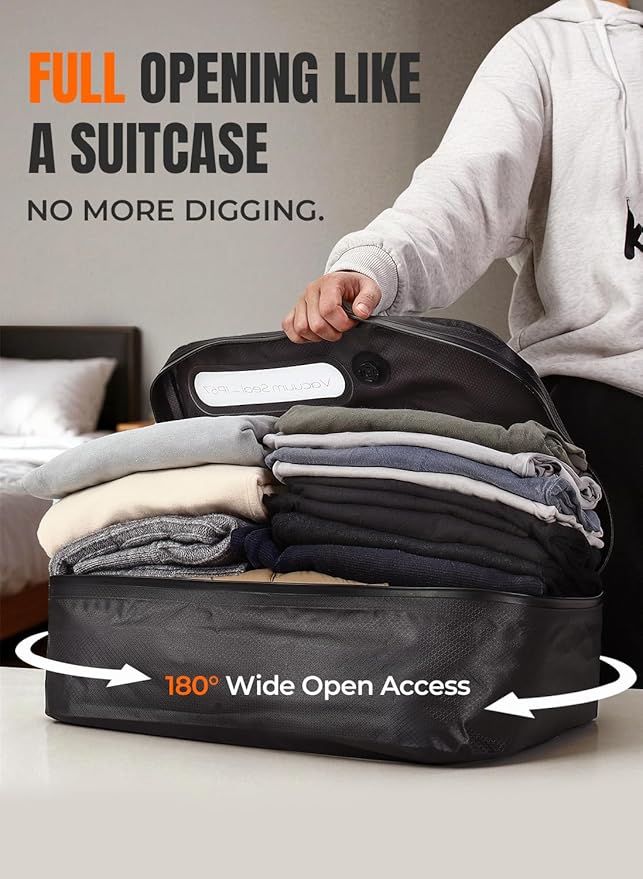 Vacuum Bags for Travel with Wireless Pump, 180° Open Zipper, IP67 Waterproof, Reusable Space Saver Compression Bags for Home Storage, Backpack, Suitcase(3 Pack + Pump)