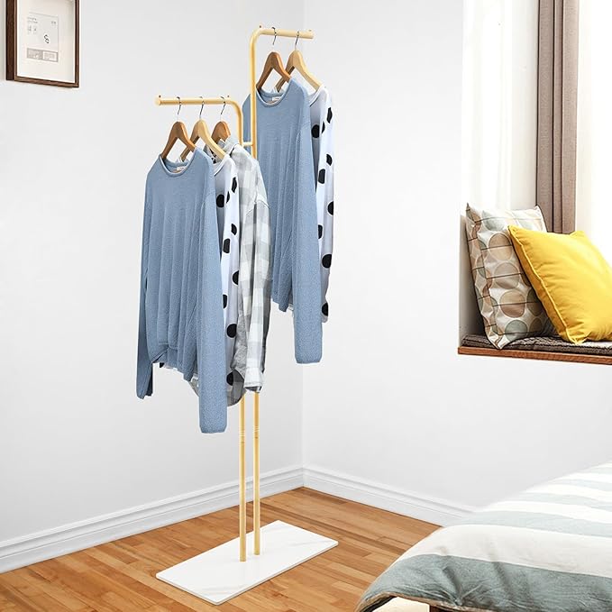 67in-Gold Clothing Rack with Base, Double Rod Freestanding Coat Rack Hanging Clothes, Bags, Hat and Shoes for Entryway Bedroom Garment Organizer, Clothing Stores Boutique Retail, Studio