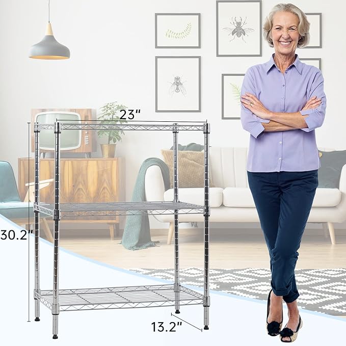3-Tier Metal Wire Shelving Unit, Heavy Duty Adjustable Storage Rack for Laundry Room, Pantry, Kitchen, Garage Organization and Storage, Small Space Shelves (Chrome, 23"L × 13.2"W × 30.2"H)
