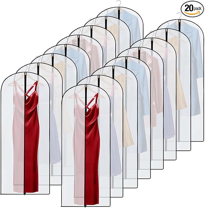 Amylove 20 Pcs 24 x 60 Inch Garment Bags Bulk Hanging Clothes Storage Covers for Closet Organization Dustproof Transparent Dress Suit Bag Set for Wedding Dresses Long Gowns Coats Seasonal Wardrobe