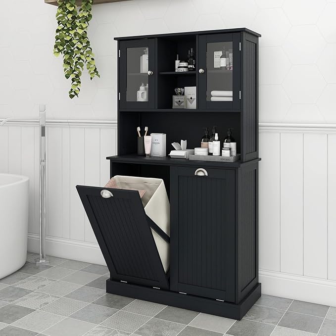 Tall Tilt Out Laundry Hamper Cabinet with 2 Removable Baskets, Laundry Room Cabinets and Storage Furniture with Hidden Laundry Hamper & Glass Doors for Bathroom, Laundry Room, Black