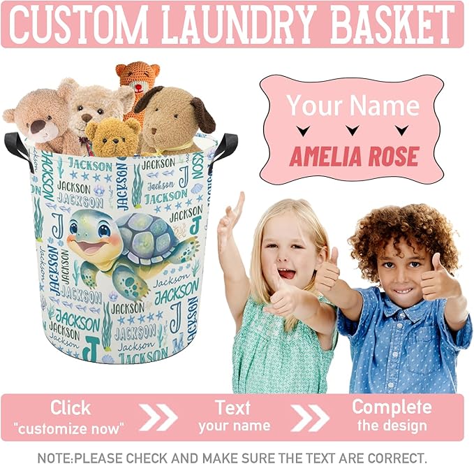 Sea Turtle Laundry Basket,Custom Laundry Hamper with Name,Personalized Sea Turtle Gifts for Boys Girls,Customize Collapsible Laundry Basket for Bedroom Bathroom,M-19.5"X 15.7"