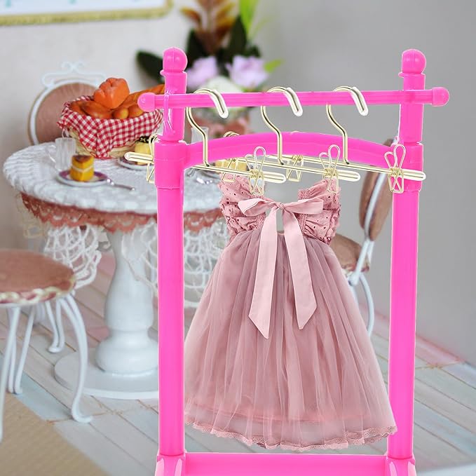 Luxshiny Mini Doll Clothes Hangers 5 Pcs Metal Wardrobe Accessories for Doll Dresses Shirts Pants Display 2.95In Durable Miniature Hangers for Dollhouse Decor