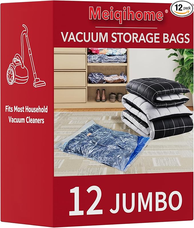 Vacuum Storage Bags 12 Jumbo, Space Saver Sealer Bags, Airtight Compression Bags for Clothes, Pillows, Comforters, Blankets, Bedding