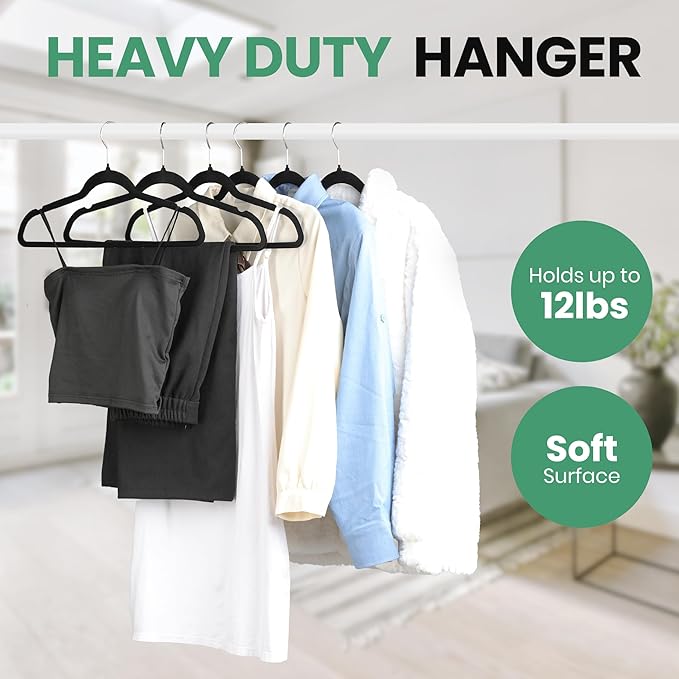 InfiniPower 50 Pack Velvet Hangers, Heavy Duty Clothes Hangers for Coat, Pants & Dress, Non-Slip Hanger Set with Shoulder Notches, 360° Swivel Hook, Space Saving Felt Hangers, Black