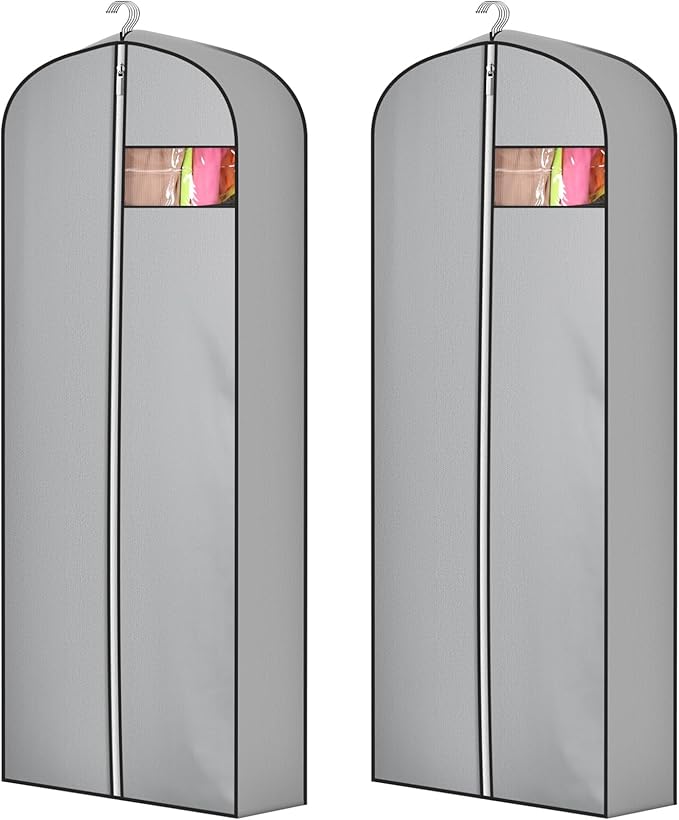 2 Pcs 10" Gusseted Garment Bags for Hanging Clothes Dress Bags for Gowns Long Closet Waterproof Garment Covers Wedding Dress Cover Traveling Clothes Protector (Grey,65 Inch)