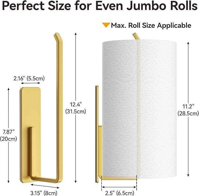 Heavy-Duty Magnetic Paper Towel Holder Fits Jumbo Rolls, Gold, Suitable for Kitchens, RVs, Washing Machines, BBQ Carts