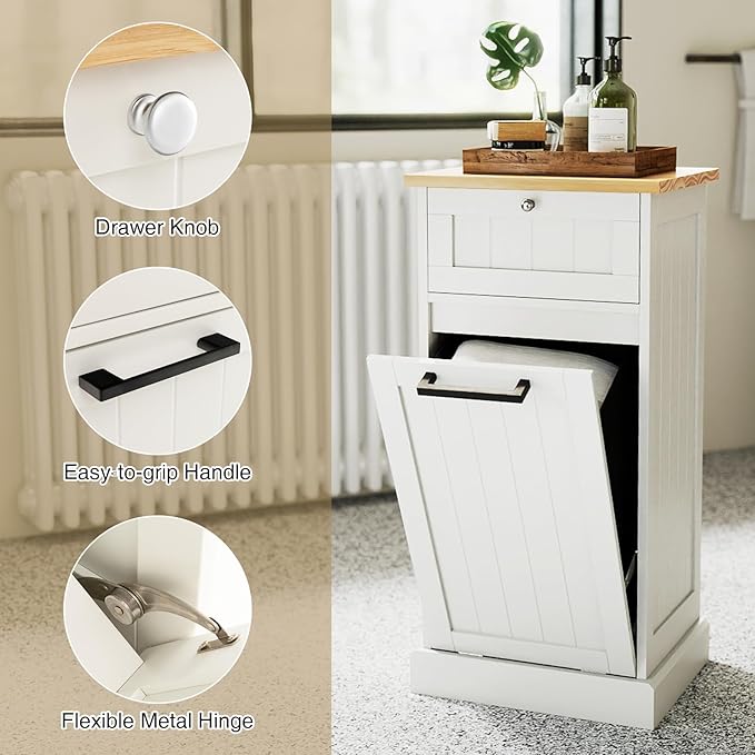 Giantex Tilt Out Laundry Hamper Cabinet, 10 Gallon Bathroom Storage Cabinet with Drawers & Removable Basket, Modern Wood Hidden Laundry Hamper for Laundry Room, Bedroom, Kitchen, Corner, White