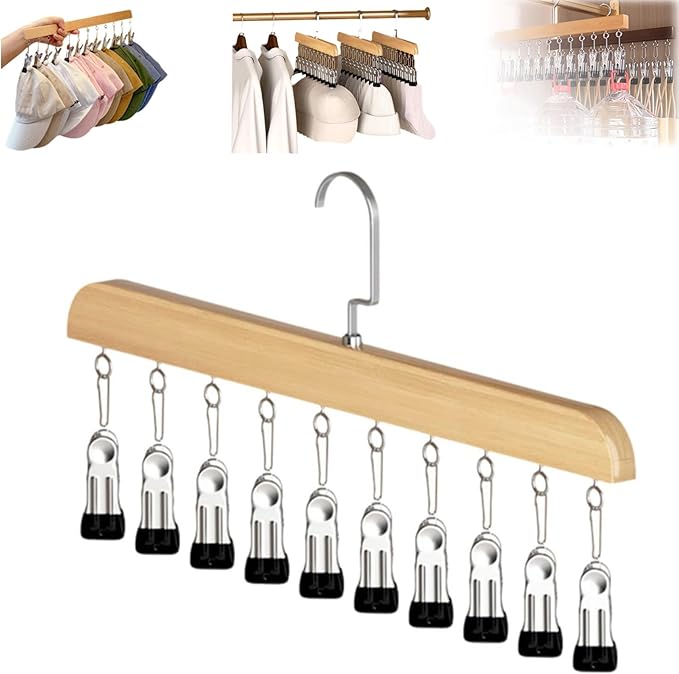 Closet Organizer with 10 Clips, Space Saving Hanging Closet Organizer, Space-Saving Hat Scarf Clothespins for Jeans Skirts Socks Pant Hangers with Clips (Wood-10 Clips, 1PC)