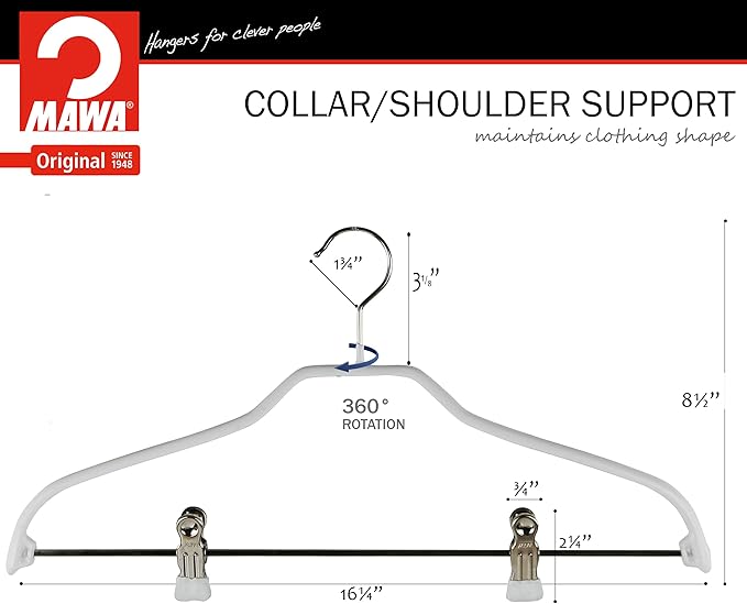 Mawa by Reston Lloyd Silhouette Series Non Slip Space Saving Hanger with Pant Clips, Style 40/FK,Set of 5, White