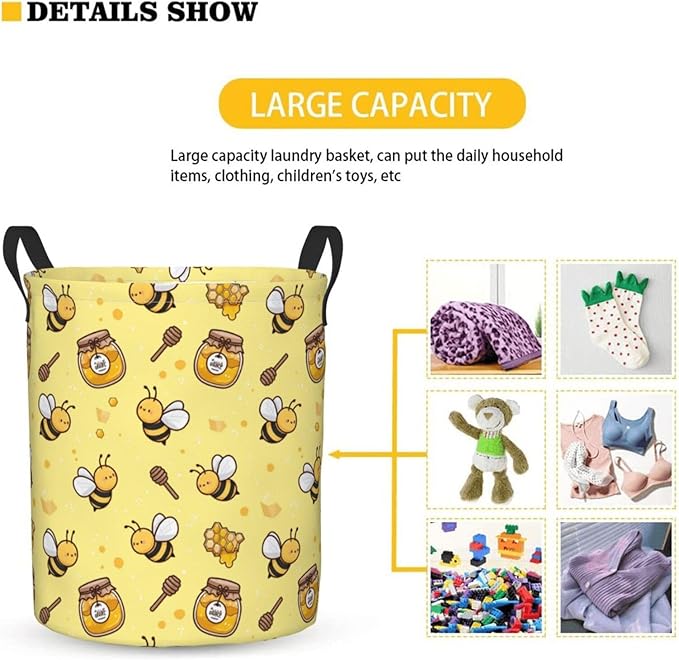 Dujiea Bees Honey Laundry Basket Round with Handle, Collapsible Foldable Canvas Storage Bin Dirty Clothes Bag for Laundry/Toys Organizer/College Dorm/Nursery/Decor(2 Sizes)