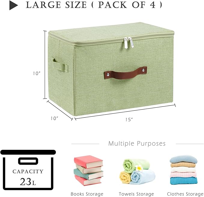 4 Pack Storage Bins with Zipper Lid Cotton Linen Fabric Lidded Storage Baskets Boxes Foldable Washable Closet Shelf Clothes Organizer Container with PU Leather Handles (Green, Large)