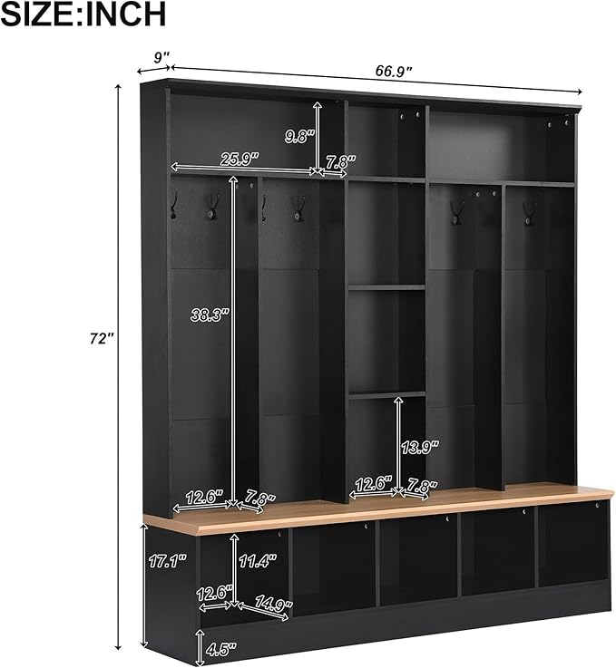 4-in-1 Wide Design Hall Tree with Storage Bench, Minimalist Shoe Cabinet with Cube Storage & Shelves, Multifunctional Coat Rack with 8 Hooks for Entryways Mudroom