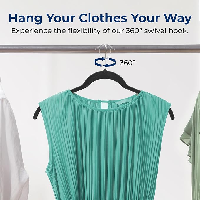 SereneLife 50-Piece Velvet Shirt Hangers – Black Non-Slip, Heavy Duty Clothes Hangers with 360° Swivel Hooks, 0.2" Slim Design, Sturdy & Lightweight Closet Organizers for Shirts, Coats & Pants