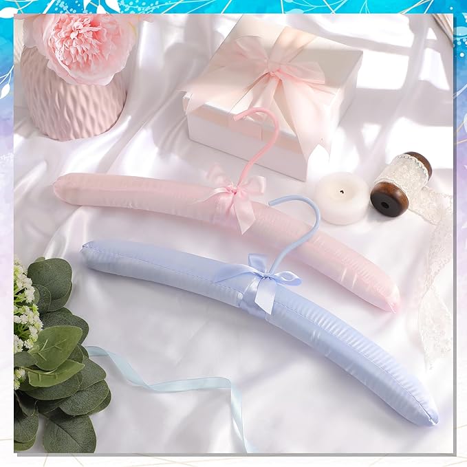 2 Pack 15 Inch Satin Padded Hangers Bride Groom Hangers for Wedding Dress Suit No Shoulder Bump Wedding Party Supplies (Pink and Blue)