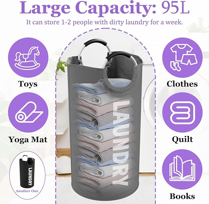 2Pcs Large Laundry Hamper for Adult, 95L Folding Clothes Basket with Handles, Dirty Clothes Hampers for Bedroom, Stand-alone Laundry Bin for Family, Hotel, Dorm, Grey/Black