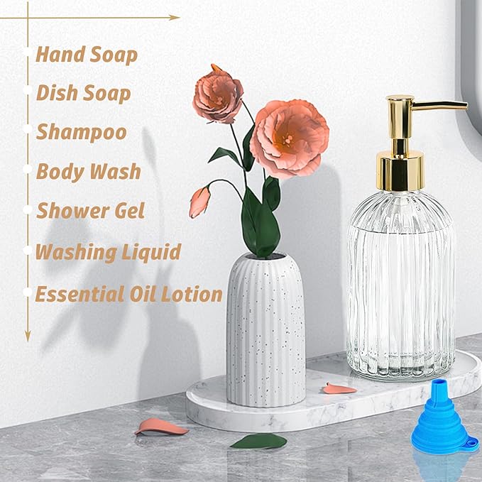 14Oz Gold Pump Glass Soap Dispenser, Clear Stripe Countertop Refillable Liquid Bottle Hand Dish Lotion Dispenser with Plastic Pump, for Kitchen, Bathroom