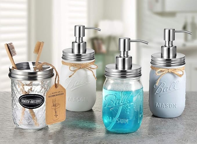 Amolliar Mason Jar Liquid Soap Dispenser Lids, 304 Stainless Steel Pump16oz Regular Mouth Mason Jar, Rustic Farmhouse Decor, Hand Soap,Dish Soap, Lotion Soap, Brushed Nickel-6 Pack, Extra 3 Long Tubes
