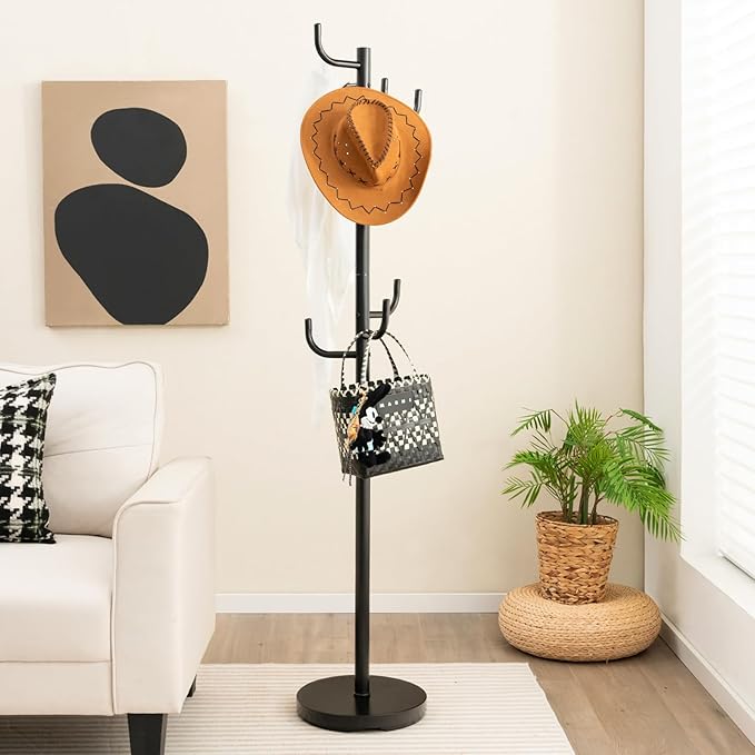 Tangkula Coat Rack Freestanding, Heavy Duty Metal Coat Tree with 8 Hooks, Coat Hanger Stand with 13-inch Enlarged Base, Standing Hall Tree, Home Entryway Hat Jacket Hanger for Scarf, Bag, Umbrella