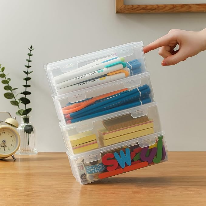 8-Pack Clear Pencil Cases and Pencil Boxes, Stackable Plastic Pencil Box with Snap Lid, Large Capacity for Markers and Art Supplies for School, Office and Desk Organization – Rectangular Large