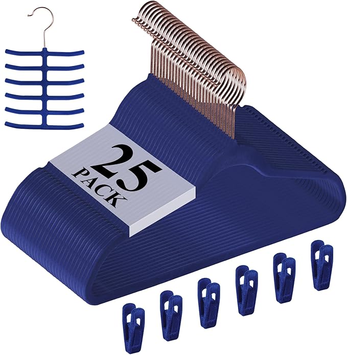 VECELO Premium Velvet Clothes Hangers Suit Heavy Duty (25 Pack)-Non Slip & Space-Saving with 6 Finger Clips & Tie Rack Excellent for Men and Women，Blue