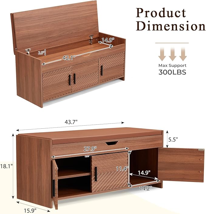 ECOTOUGE Storage Bench, Shoe Bench with Lift Top Storage, Wooden Entryway Bench with Cushioned Seat, Adjustable Shelf for Living Room, Bedroom, Hallway, Brown