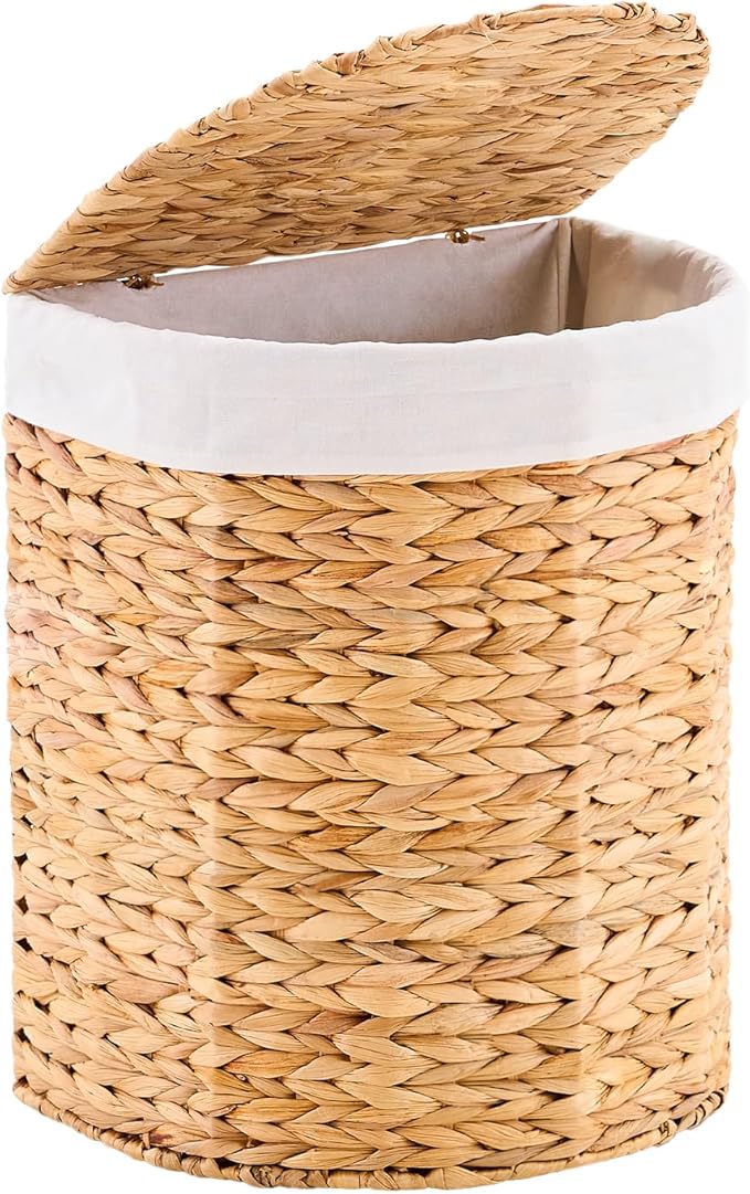 Half Round Wicker Laundry Hamper with Lid and 2 Removable Liner Bags, Handwoven Natural Water Hyacinth Laundry Basket for Dirty Clothes, Natural