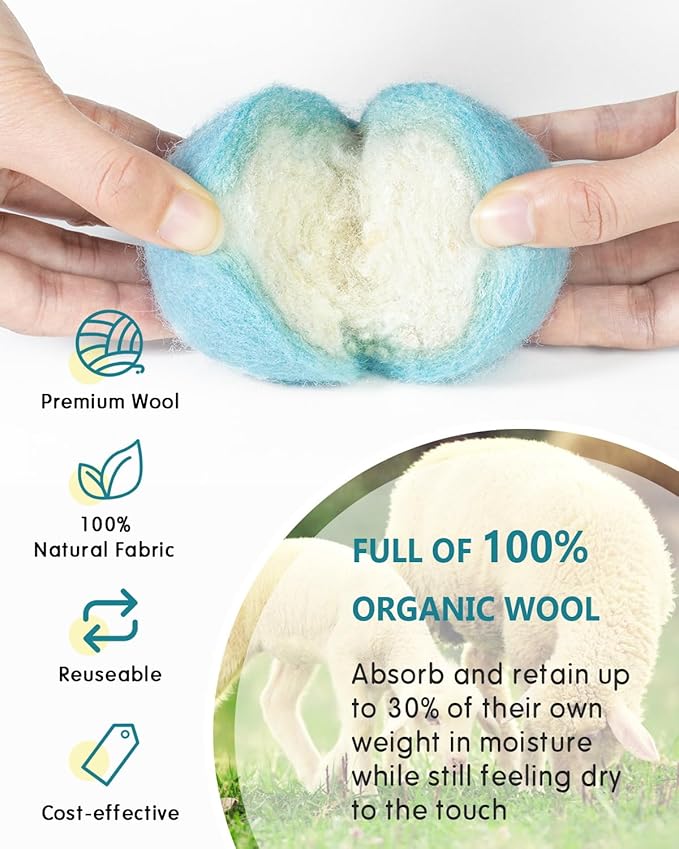 Wool Dryer Balls - Dryer Balls Laundry Reusable - 6-Pack XL Poly Bear Wool Balls for Dryer - Reusable Fabric Softener Ball - Laundry Wool Dryer Balls with Felt Dryer Ball Holder Storage