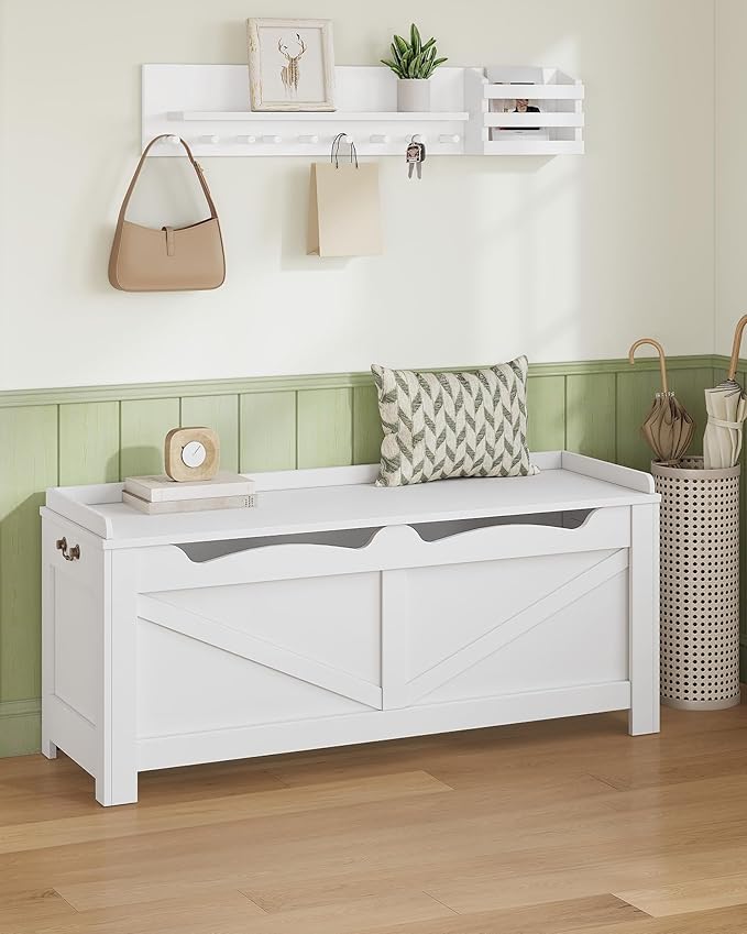 47.2" Storage Chest, Extra Large Storage Trunk with 2 Hinges, Wooden Box Bench, Lift-Top Organizer Chest, Shoe Bench for Entryway, Bedroom, Living Room, White SB14503X