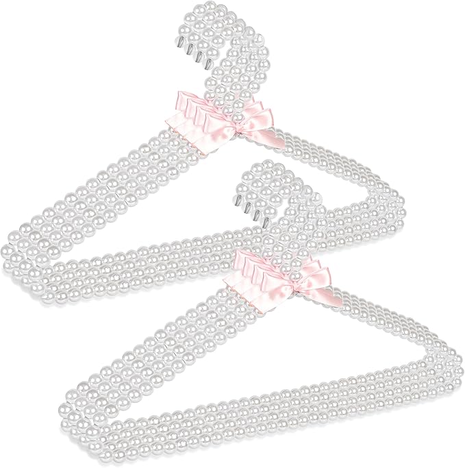 Concepts Premium Heavy Duty Pearl Hangers with Pink Ribbon Trim for Wedding and Engagement Gowns - Slim Design Also Can Be Used for Suits and Shirts (White Pearl, 8 Pack)