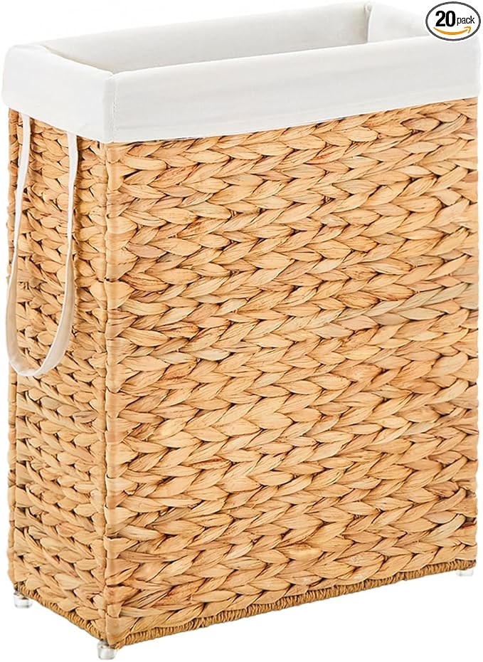 Handwoven Slim Laundry Hamper, 55L Narrow Laundry Basket, Natural Water Hyacinth Basket and Handles and Removable Liner Bag & 2 Mesh Bags (Natural, 55L)