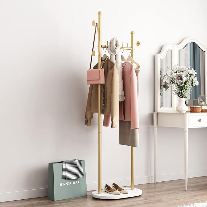 Gold Clothing Rack With Shelves, Gold Coat Rack Freestanding with Marble Base, Coat Hanger Hat Tree Standing Clothes Racks for Boutique, Bedroom