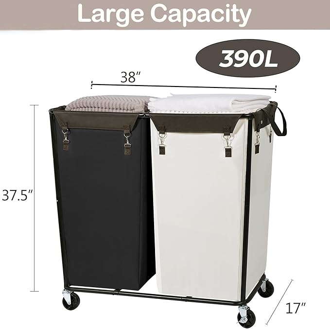 390L Laundry Hamper Sorter with Wheels, Extra Large Laundry Basket Heavy-Duty Rolling Cart with Removable Bags, Laundry Cart for Hotel and Home, Beige and Black, 2-Section
