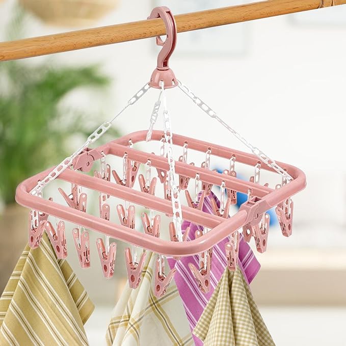 Foldable Clothes Drying Hanger with 32 Clips, Clip and Drip Hangers Clothes Drying Rack, Underwear Hangers for Drying, Laundry Clothes Hanger for Drying Socks Lingerie Baby Clothes Towels Bras Hat