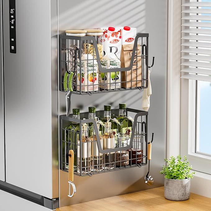 Grey Magnetic Shelf for Fridge, 2 Set Potato and Onion Storage Bins, Magnetic Fruit Basket for Fridge Pantry Organizers & Storage, Magnetic Spice Rack for Refrigerator Kitchen Counter, Cabinet