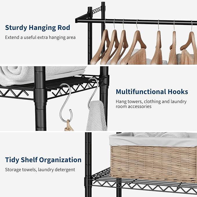 Over Washer and Dryer Storage Shelves, Adjustable Height 4-Tier Clothes Drying Rack with Hanger Rod & Hook, Heavy Duty Laundry Room Storage Organization, Space Saving, Black