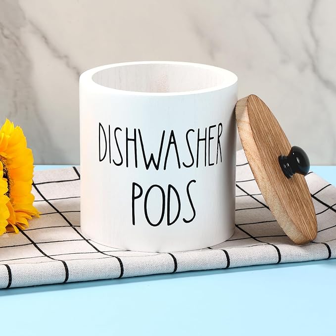 Round Dishwasher Pods Container, Wooden Laundry Pod Holder with Lid, White