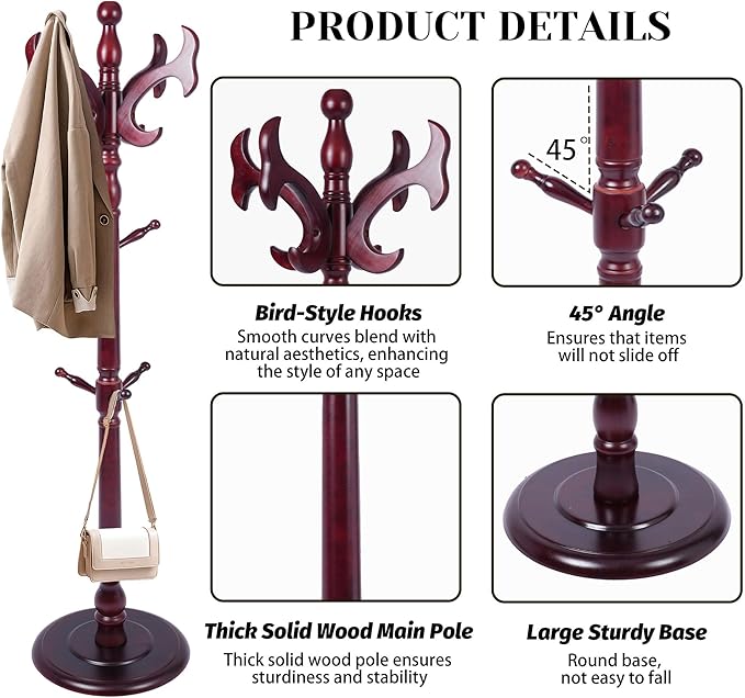 Solid Wood Coat Rack Freestanding with 14 Hooks Antler Shaped,72'' Adjustable Heights Sturdy Coat Racks Tree for Coats Hats Bags,Vintage Wood Coat Tree Hanger Stand for Living Room,Entryway,Office