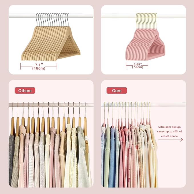 36 Packs Velvet Clothes Hangers, 17.3 Inches Non-Slip Skirt Hangers, Sturdy Dresses Hangers with Shoulder Notches, Space Saving Clothing Hangers for Adults Pink - Gold Hook