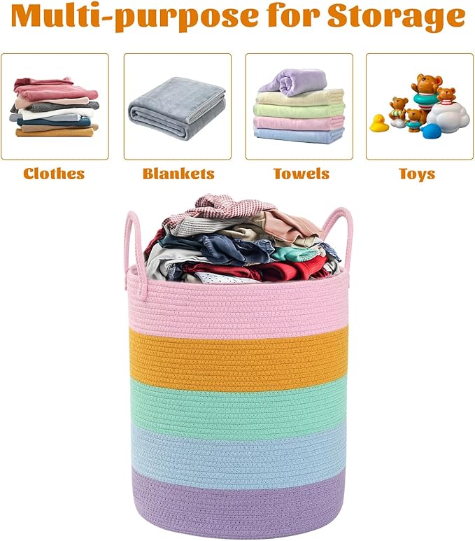 Woven Basket Nursery Laundry Hamper with Handles, Clothes Storage Organizer, Woven Basket for Boy Room Decor, Toy & Blanket Storage Bin, 15x15x18 Inch, Colorful, 1pc