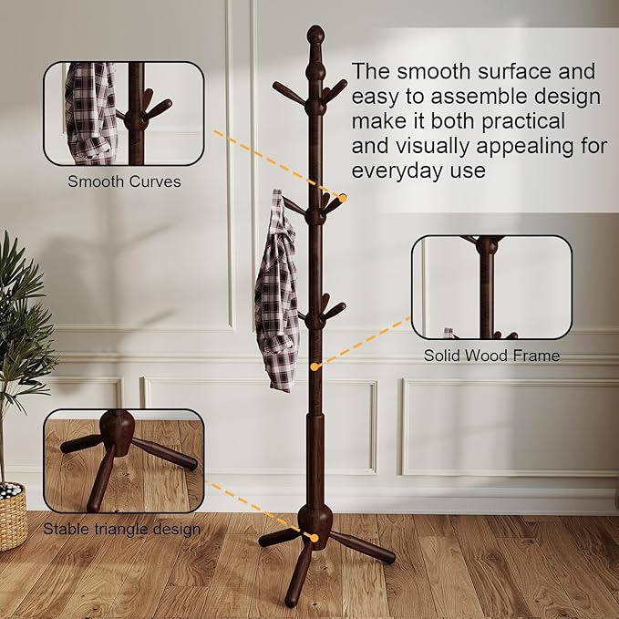 Solid Coat Rack Stand, Coat Rack Freestanding with 9 Hooks and Adjustable 3 Heights, Tree Coat Stand with Triangle Base for Entryway, Bedroom, Hallway, Wood Grain