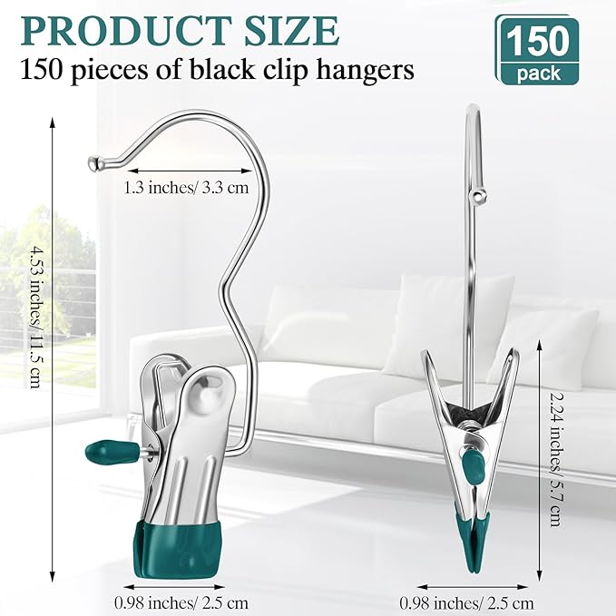 Yinder 150 Pcs Boot Hangers Clips Laundry Hooks Hanging Stainless Steel Clothes Pins Portable Clip Hangers for Closet Travel Socks Pants Handbags Hats Towels (Blackish Green)
