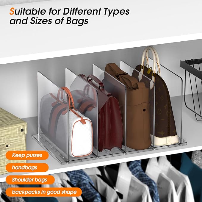 Purse Organizer for Closet, 5 Pack Adjustable Acrylic Shelf Dividers for Closet Organization, Closet Organizers and Storage, Purse Separator Handbag Storage Organizer, Purse Dividers for Closet
