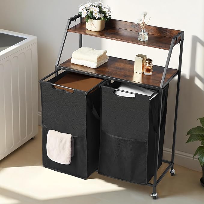 VEVOR 2 Tiers Laundry Sorter, Tall Laundry Hamper with Metal Frame and Wooden Tabletop, 2 Section Rolling Basket Organizer Storage with Ladder Shelves and 600D Oxford Cloth Bags for Dirty Clothes