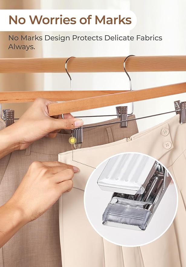 SMARTOR Natural Wooden Pants Hangers 10 Pack, Heavy Duty Wood Skirt Hangers with 2-Adjustable Clips and 360° Swivel Hook, Space Saving Clip Hanger for Shorts, Slacks, Jeans, Trousers
