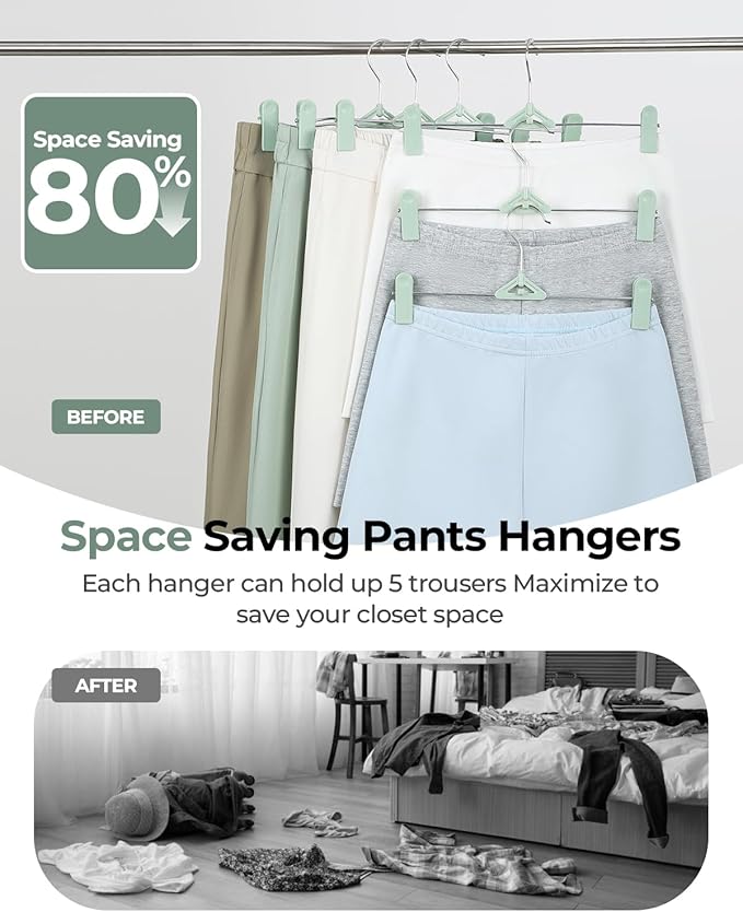 Skirt & Pant Hangers with Clips for Women - 30 Pack Space Saving Stackable Cute Skirt Hangers with Clips - Non-Slip, Adjustable for Kid, Men, Children, Baby, Green