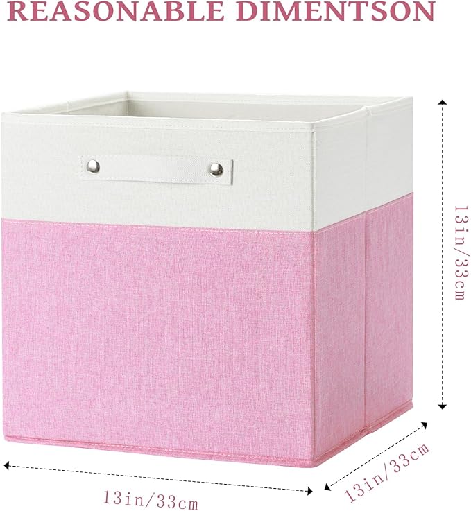 13 x 13 Inch Fine Linen Storage Bins with Handles，Fabric Cube Boxs，Basket Organizers for Shelves for Home, Closet Drawers (White/Pink-4 Pack)