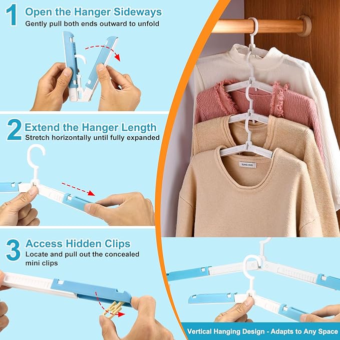 6 Pack Fodable Travel Hangers with Clips & Adjustable Clothesline, Portable Collapsible Hangers with Storage Bag for Suitcase, Hotel, RV, Cruise Essentials Set (Blue)